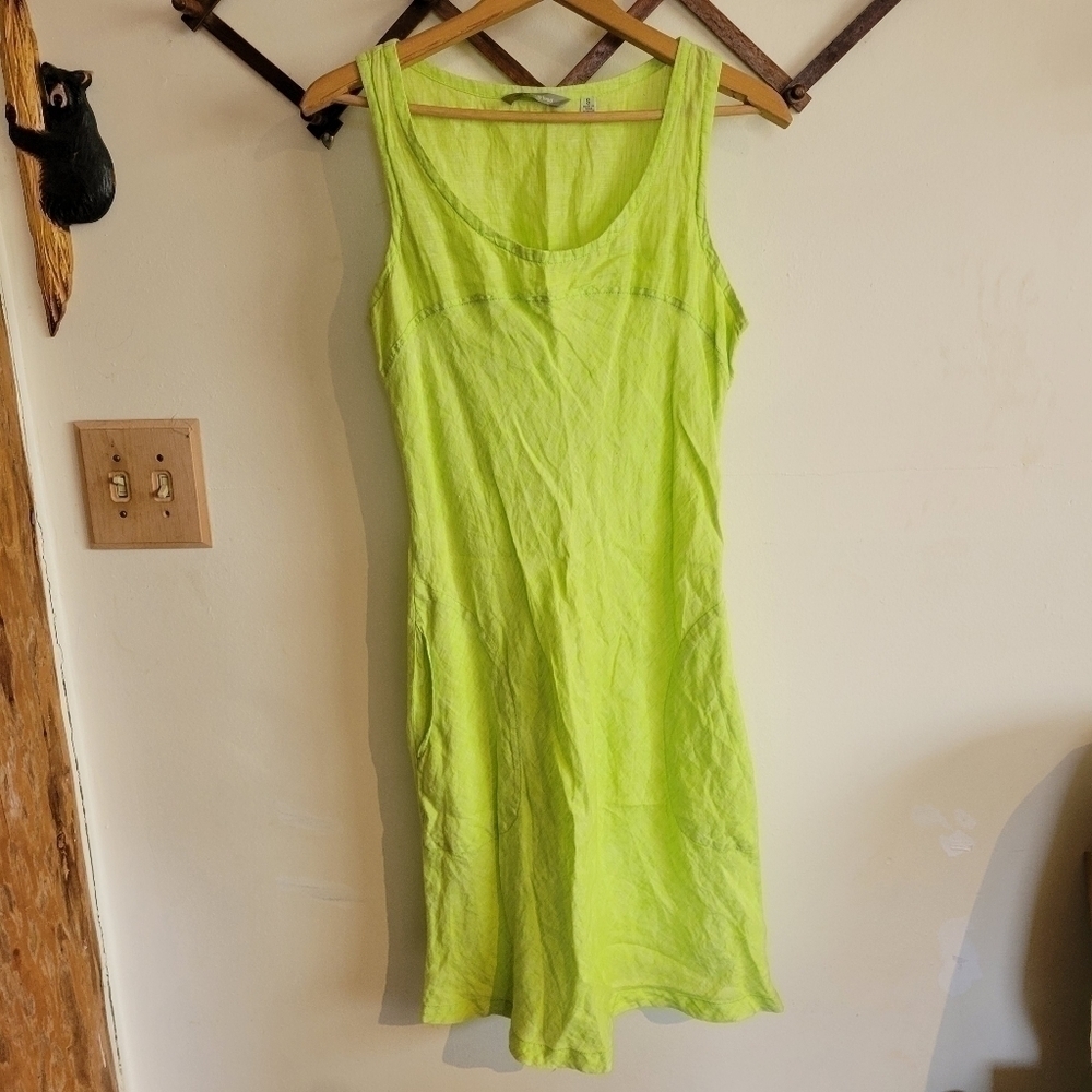 Horny Toad Tank Mini Dress Bright Green Yellow 100% Linen Pockets Small
